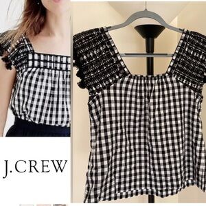 JCREW Embroidered Gingham Eyelet Pompom Tassel Blouse- size 6